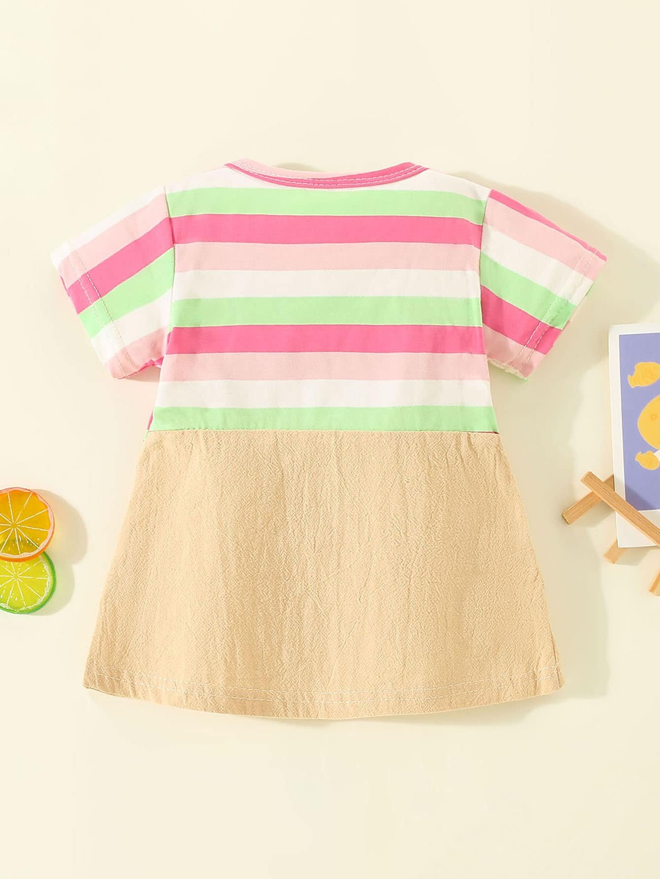 Vestido de manga corta estilo gato de patchwork a rayas de algod?n puro para ni?a peque?a - Imagen 5