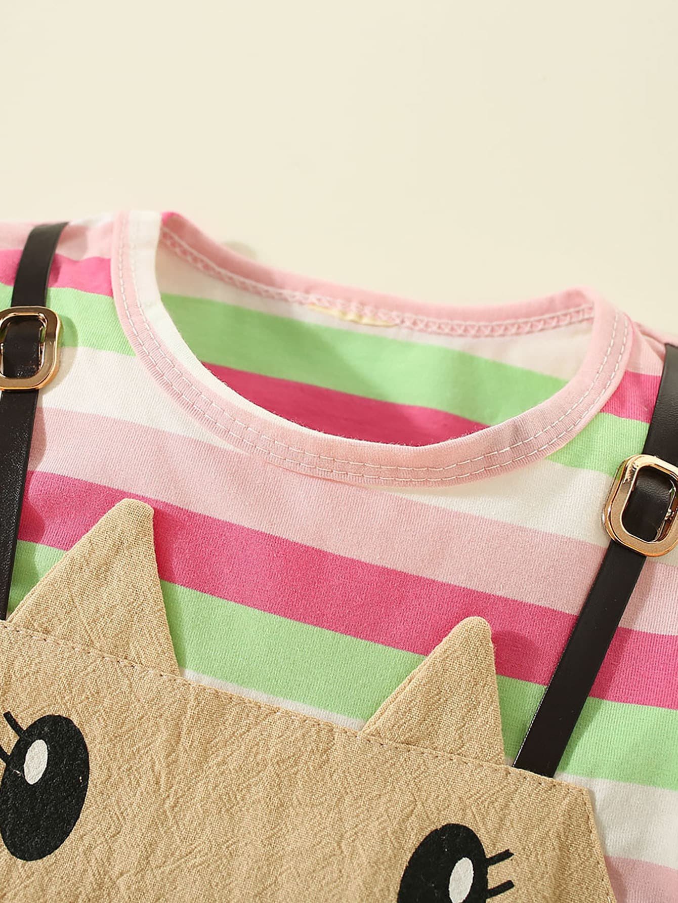 Vestido de manga corta estilo gato de patchwork a rayas de algod?n puro para ni?a peque?a - Imagen 4