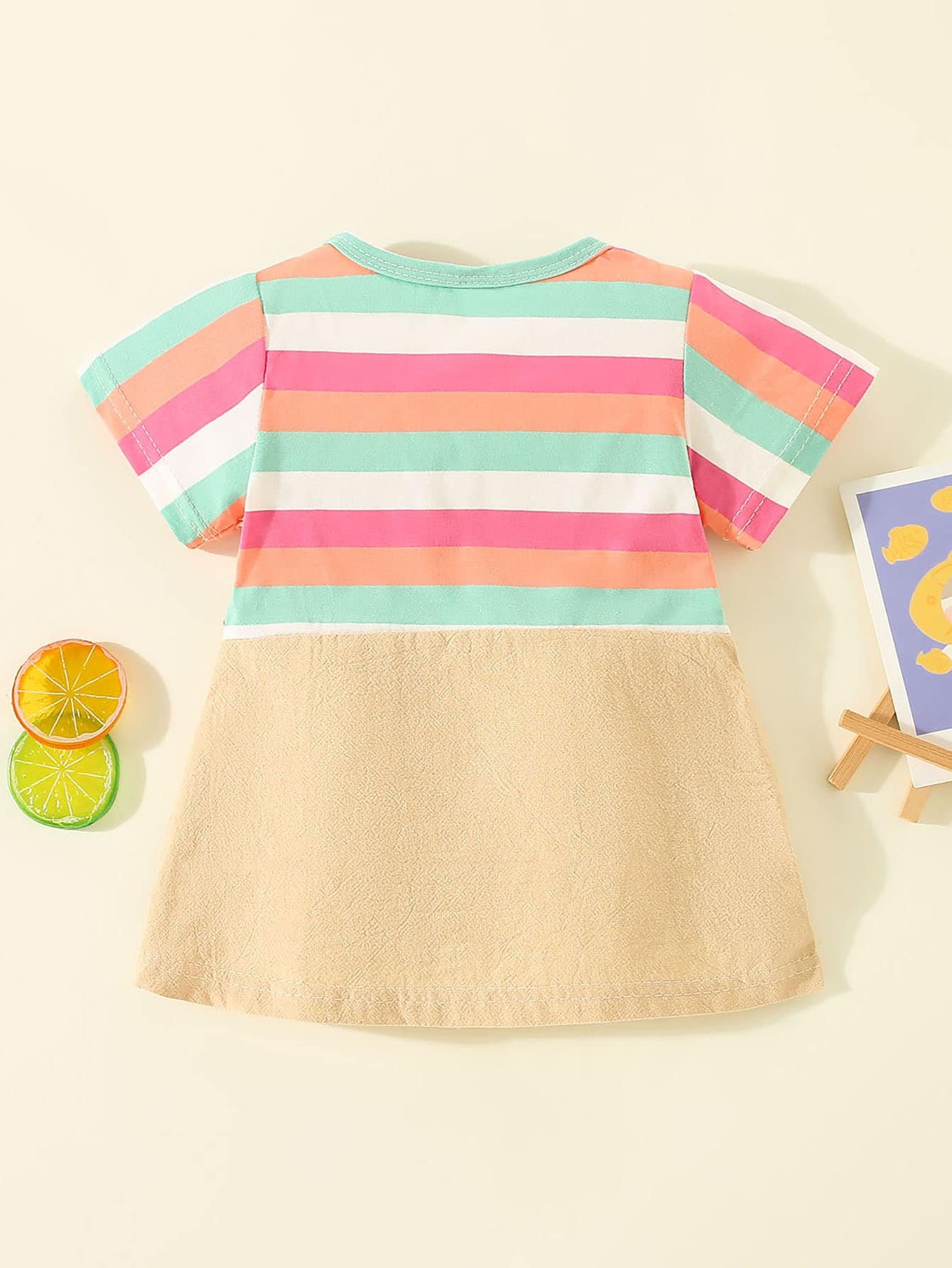 Vestido de manga corta estilo gato de patchwork a rayas de algod?n puro para ni?a peque?a - Imagen 5