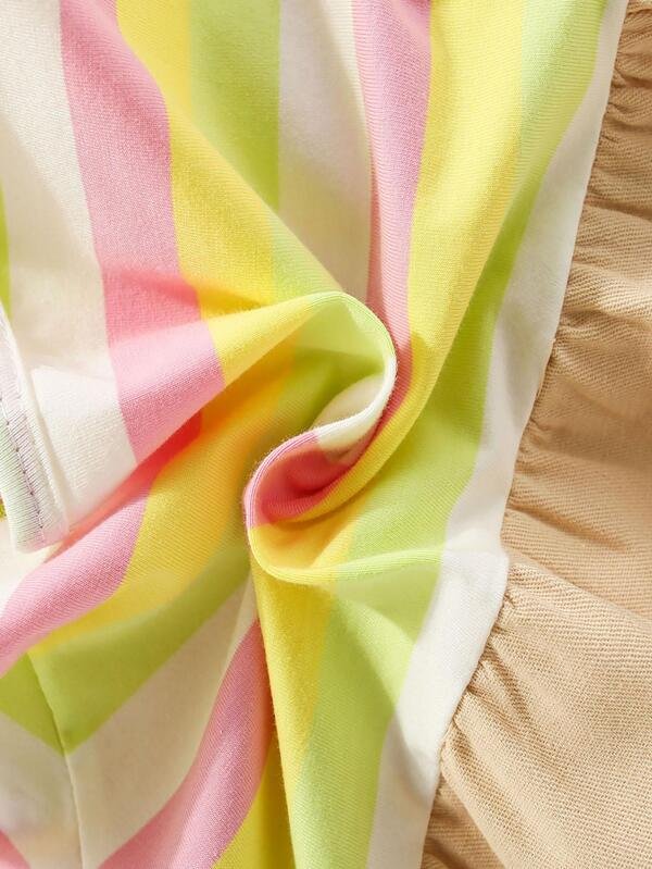 Vestido de manga corta con patr?n de coraz?n y conejo de patchwork a rayas de algod?n puro para ni?a peque?a - Imagen 2