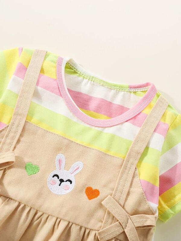 Vestido de manga corta con patr?n de coraz?n y conejo de patchwork a rayas de algod?n puro para ni?a peque?a - Imagen 3