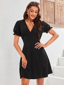 Vestido Para Mujer, Vestido Liso, Vestido Manga de Farol, Vestido Con Escote en V Profundo, Vestido con Peque?a Abertura Lateral Inferior - Imagen 4