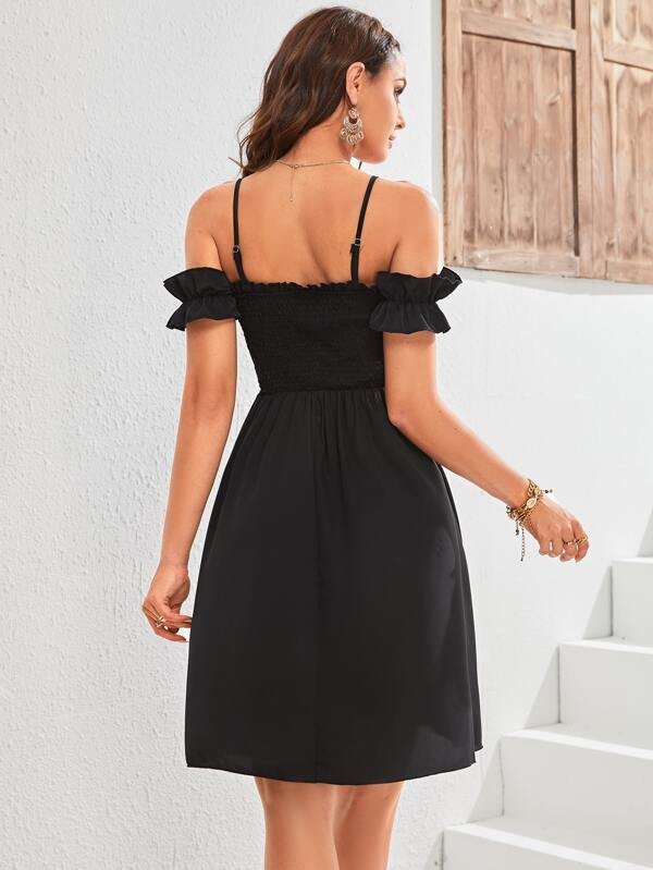 Vestido Liso Para Dama, Vestido Hombros Descubiertos, Vestido Con Tirantes, Manga Con Ol?n, Dise?o Fruncido en la Parte Superior, Vestido Espalda Descubierta - Imagen 5