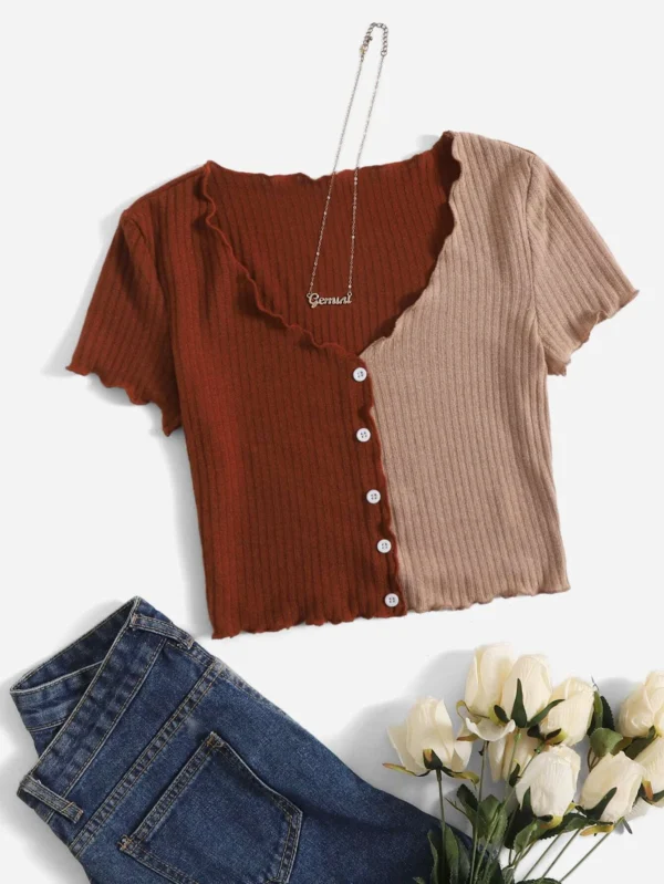 Camiseta de dos tonos ribete en forma de lechuga