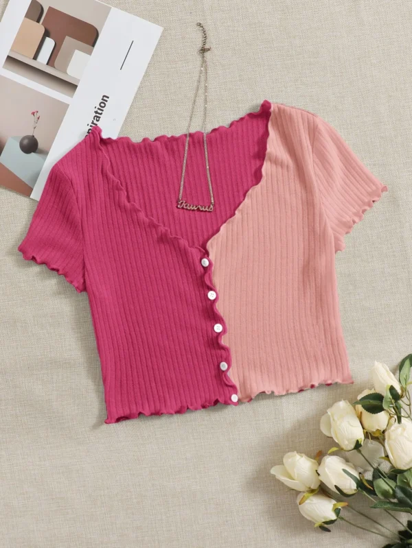 Camiseta de dos tonos ribete en forma de lechuga