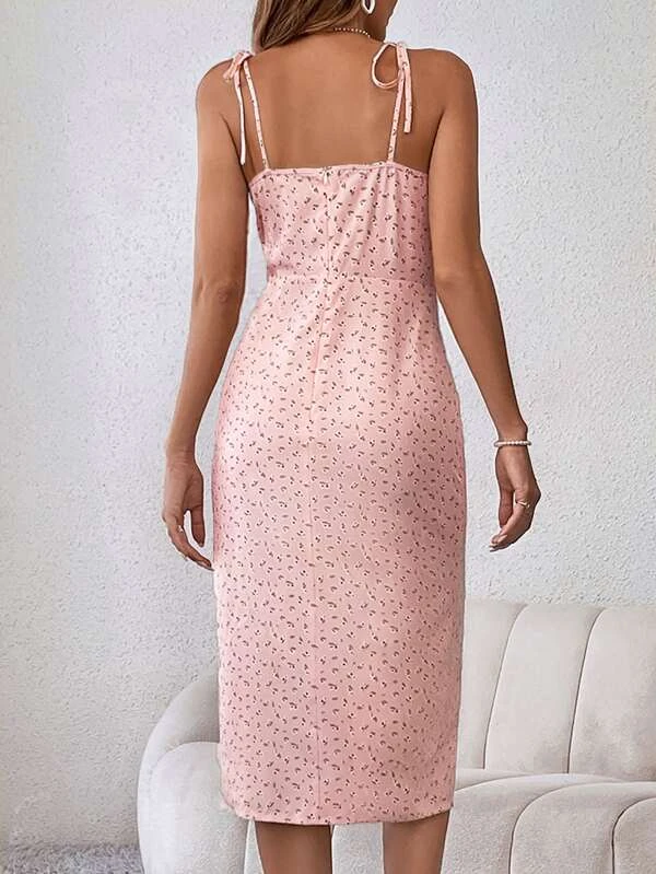 Vestido de tirantes floral de hombros con cord?n de muslo con abertura - Imagen 4