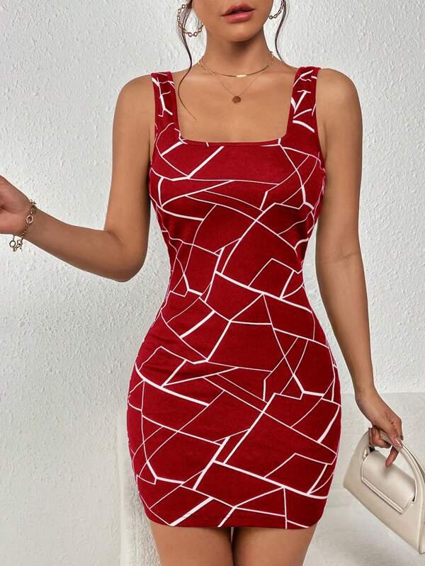 Vestido ajustado con estampado geom?trico de cuello cuadrado - Imagen 4