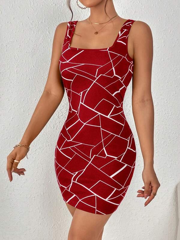 Vestido ajustado con estampado geom?trico de cuello cuadrado - Imagen 3