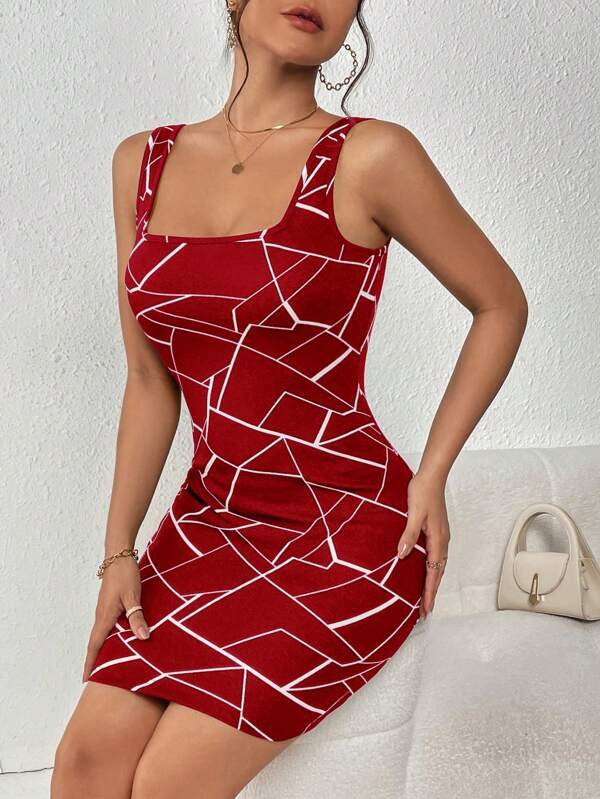 Vestido ajustado con estampado geom?trico de cuello cuadrado - Imagen 2