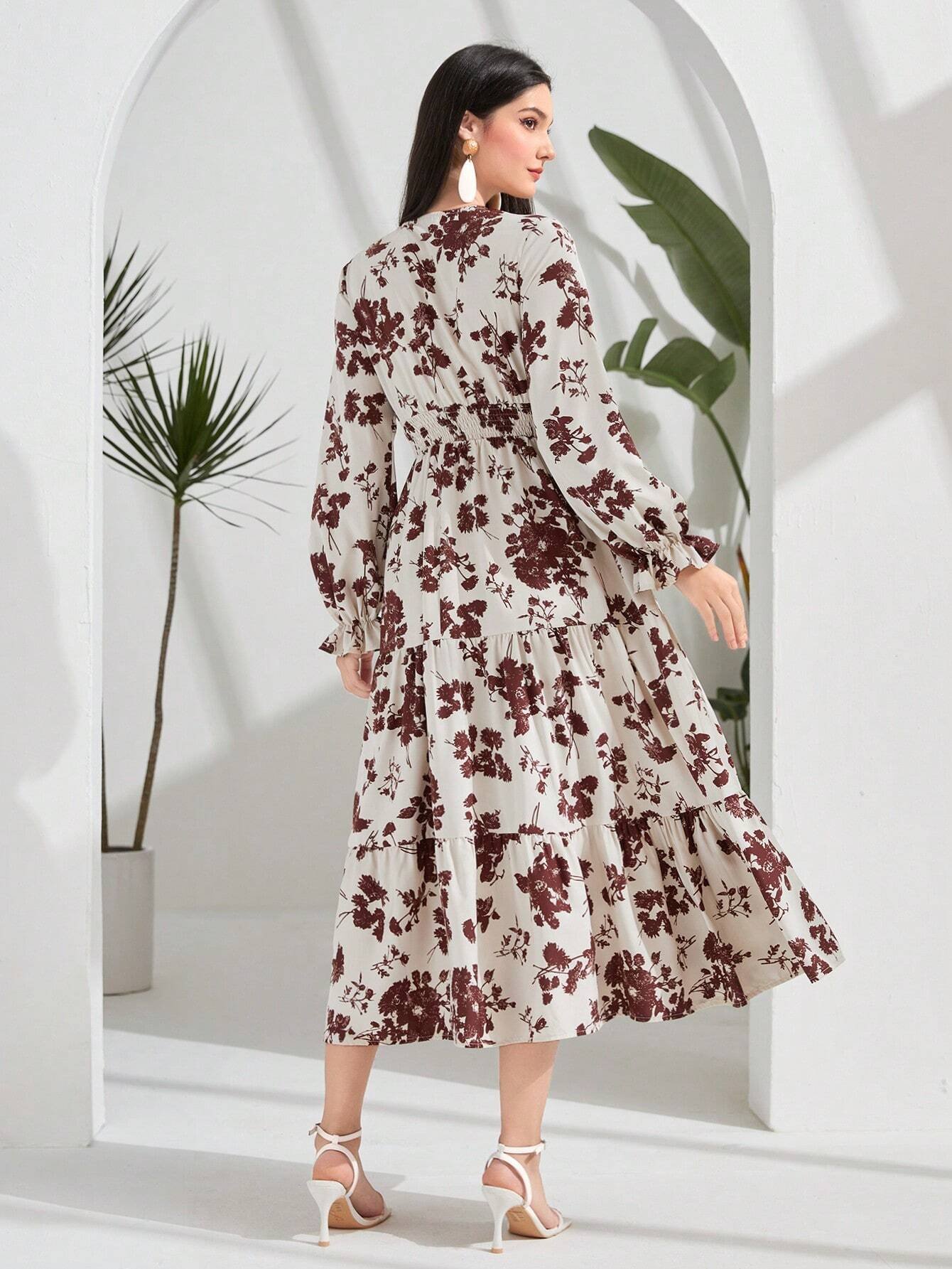 Vestido con estampado floral de manga con volante bajo con fruncido - Imagen 5