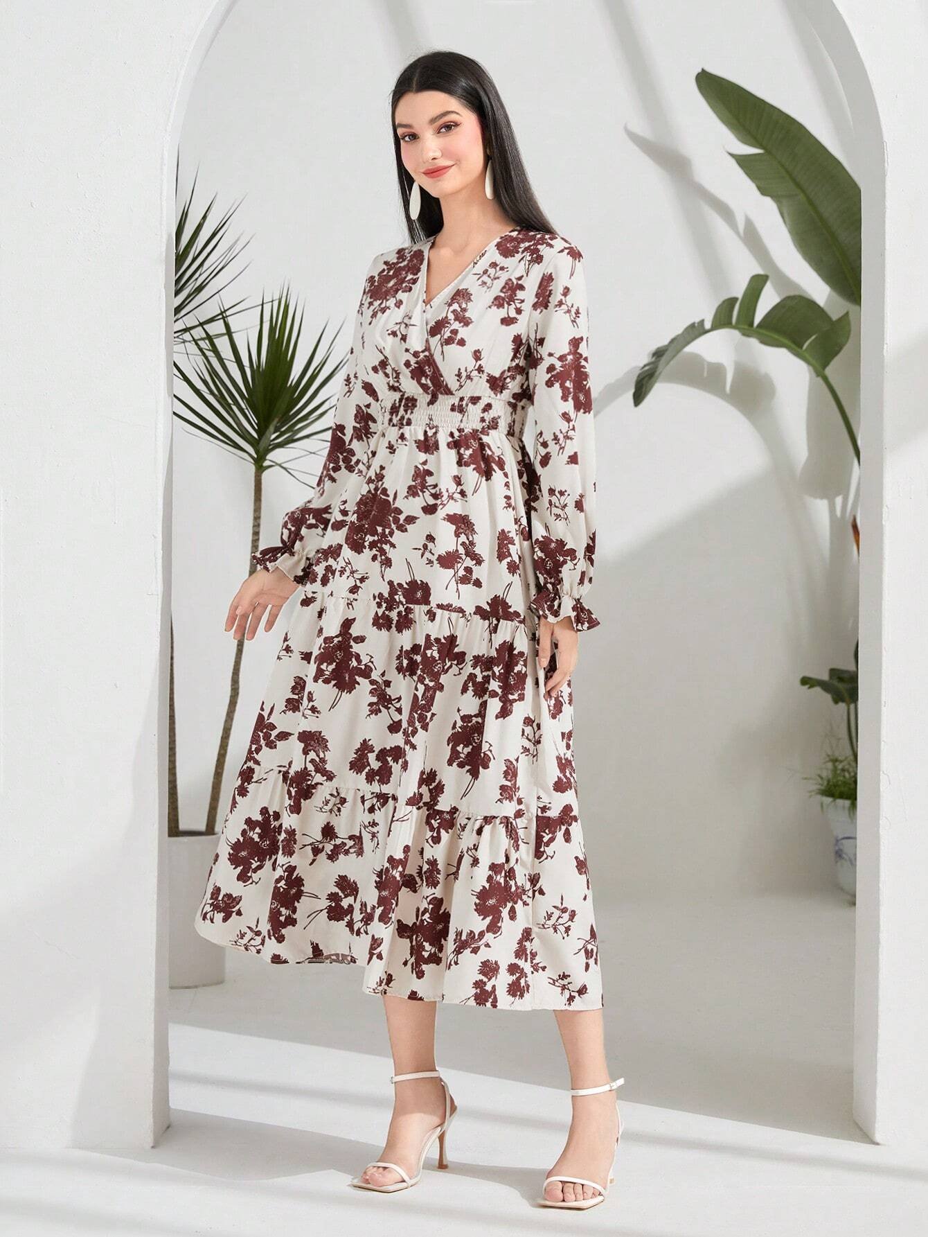 Vestido con estampado floral de manga con volante bajo con fruncido - Imagen 4