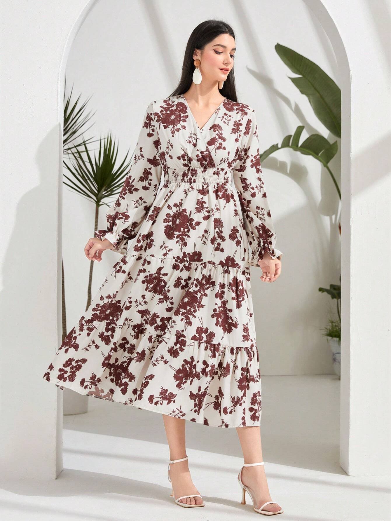 Vestido con estampado floral de manga con volante bajo con fruncido - Imagen 3