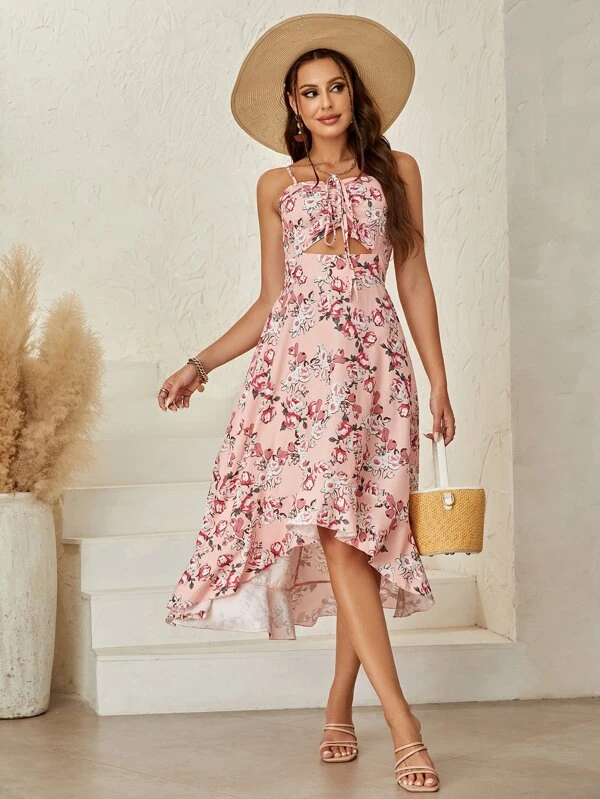 Vestido para Dama Estampado, Hombros Descubiertos, Apertura Frontal, Top Fruncido Estampado Floral - Imagen 5