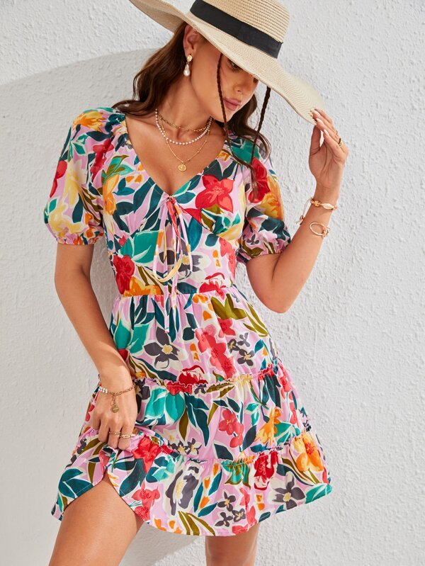 Vestido Corto Para Dama, Vestido Manga de Farol, Escote en V, Estampado Floral - Imagen 2