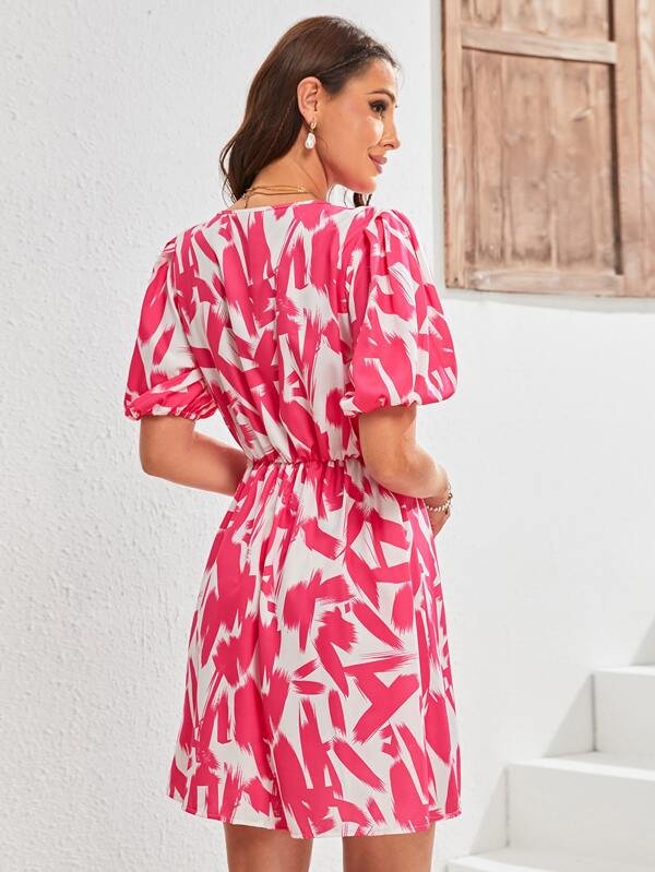 Vestido Corto Para Mujer, Vestido Con Escote Profundo en V, Vestido Mnaga de Farol Abullonada, Vestido con Dise?o Estampado - Imagen 2