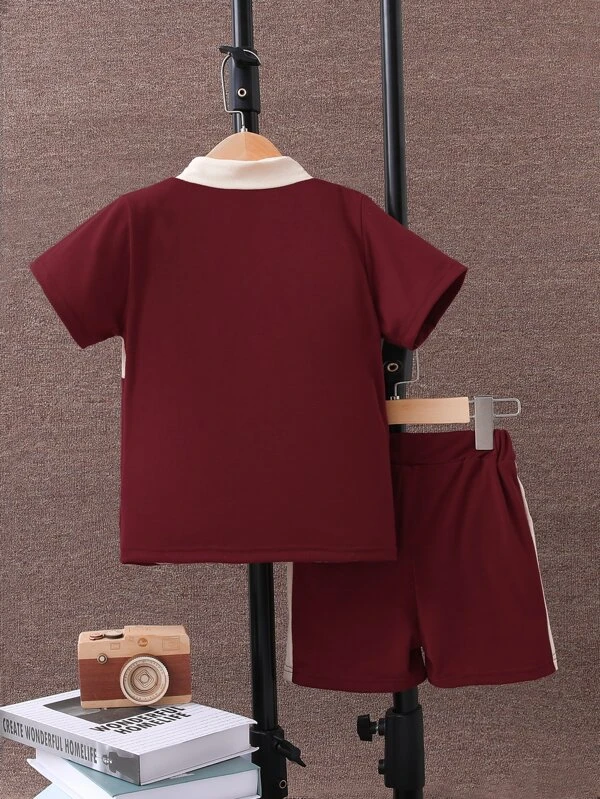 Ni?ito Shorts con camiseta con estampado de letra de color combinado con cremallera media - Imagen 2