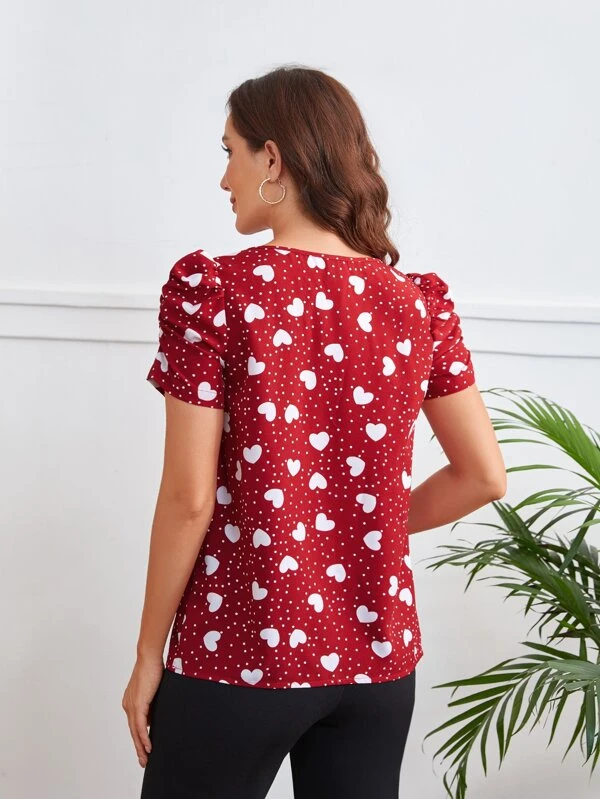 Blusa con estampado de lunares y de coraz?n de manga farol de cuello con abertura de ojo - Imagen 2