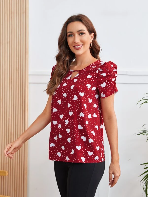 Blusa con estampado de lunares y de coraz?n de manga farol de cuello con abertura de ojo - Imagen 3