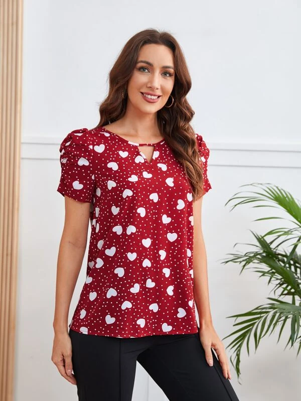 Blusa con estampado de lunares y de coraz?n de manga farol de cuello con abertura de ojo - Imagen 4