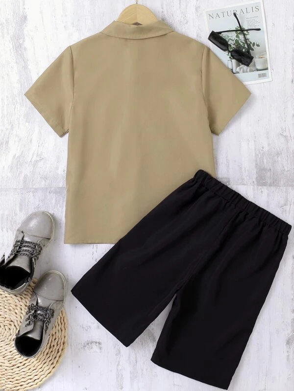 Chicos Camisa con dise?o de parche de letra con bolsillo delantero & Shorts sin camiseta - Imagen 2