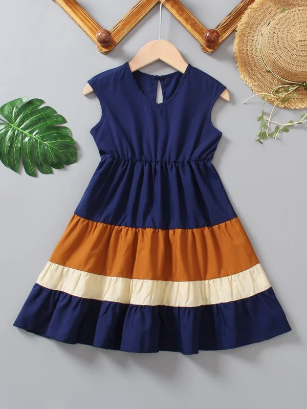 Niñas Vestido de color combinado de espalda con abertura de ojo bajo con fruncido