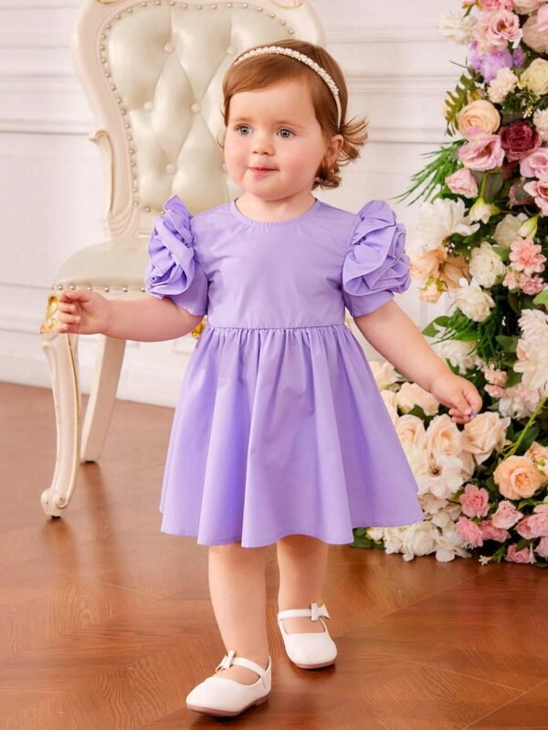 Beb? Vestido ribete con fruncido de manga farol - Imagen 5