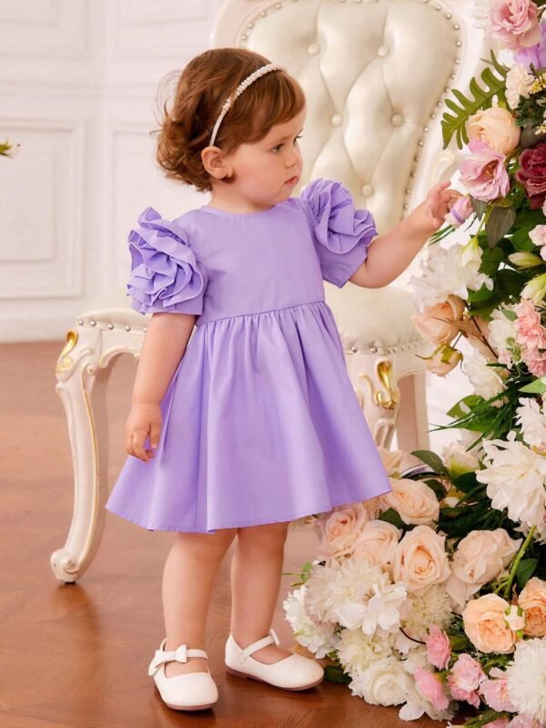 Beb? Vestido ribete con fruncido de manga farol - Imagen 4