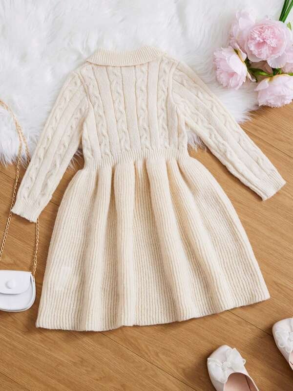 Chica Joven Vestido de punto con patr?n de lunares con lazo delantero tejido de cable - Imagen 2