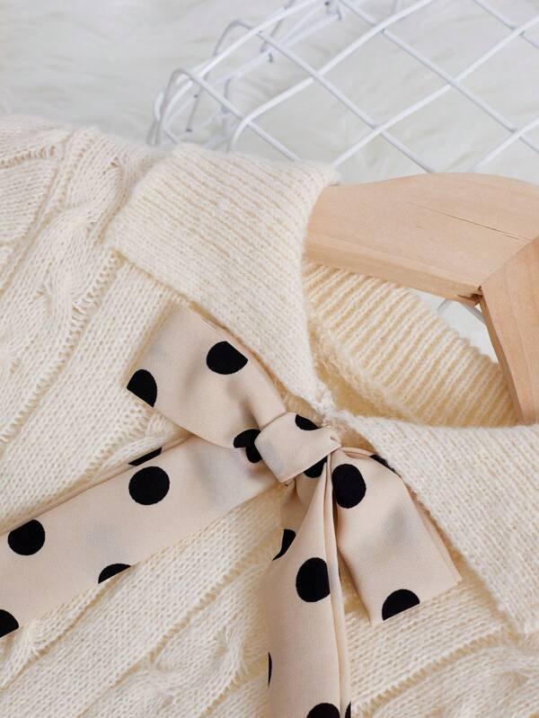 Chica Joven Vestido de punto con patr?n de lunares con lazo delantero tejido de cable - Imagen 3