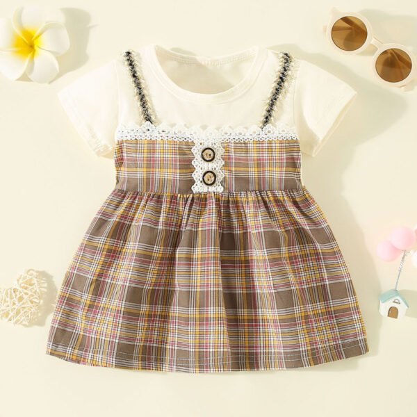 Vestido de manga corta con botones delanteros de retazos a cuadros de algod?n puro para ni?as peque?as