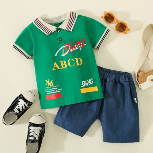 Polo de manga corta con estampado de letras de algod?n puro para ni?os peque?os de 2 piezas y pantalones