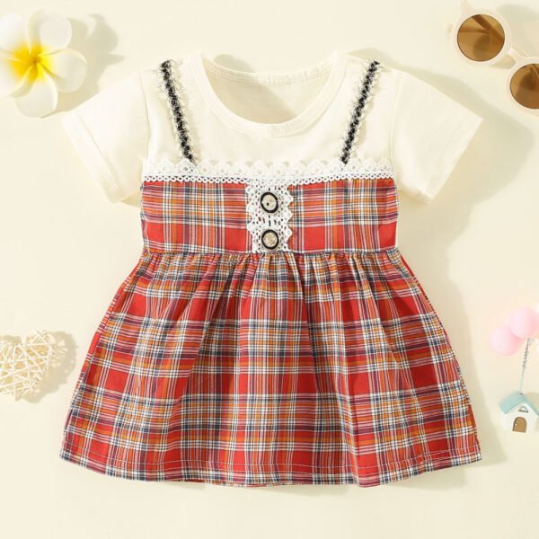 Vestido de manga corta con botones delanteros de retazos a cuadros de algod?n puro para ni?as peque?as