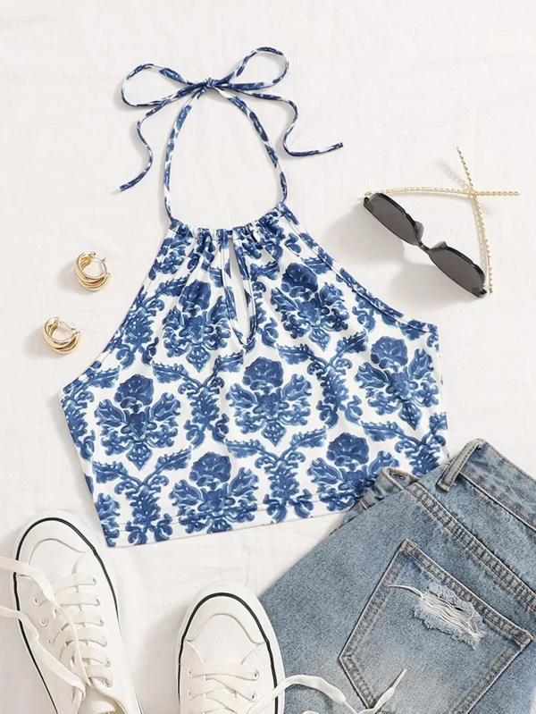 Top halter con cintur?n con estampado floral