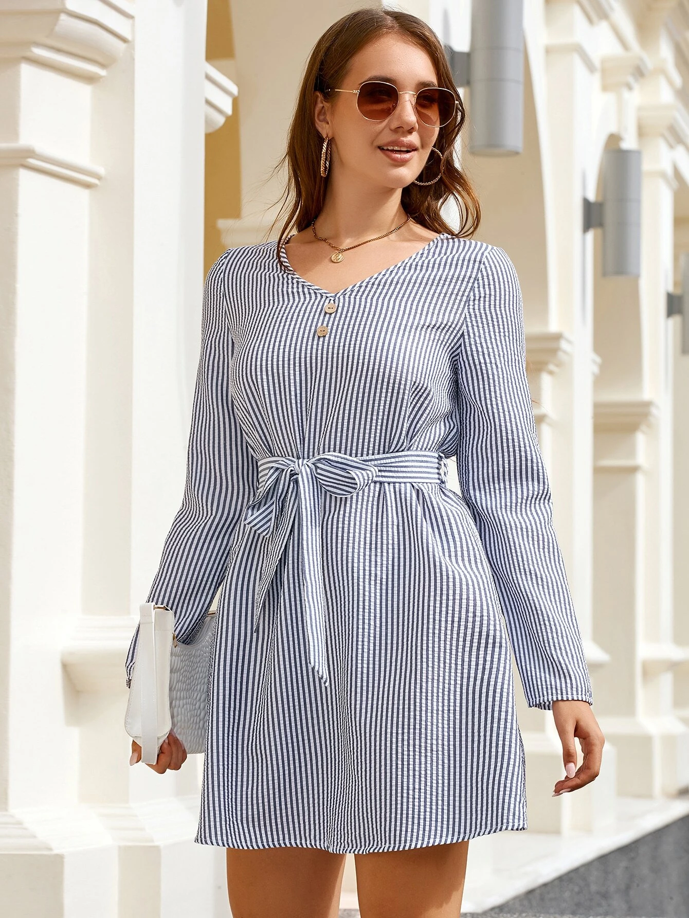 Vestido con cintur?n de dos tonos de rayas - Imagen 3