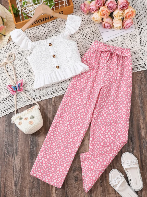 Ribete con fruncido con fruncido Top & con estampado floral con cintur?n Pantalones - Imagen 4