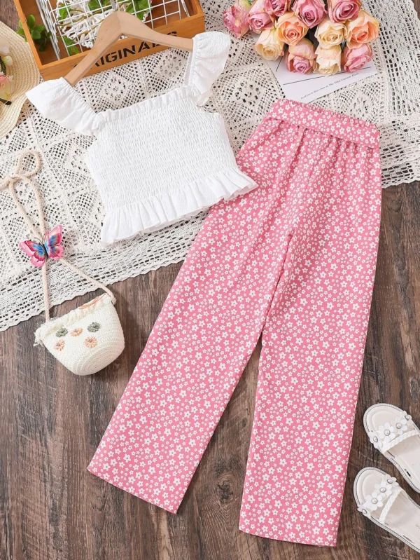 Ribete con fruncido con fruncido Top & con estampado floral con cintur?n Pantalones - Imagen 2