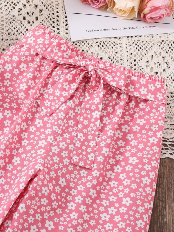 Ribete con fruncido con fruncido Top & con estampado floral con cintur?n Pantalones - Imagen 3