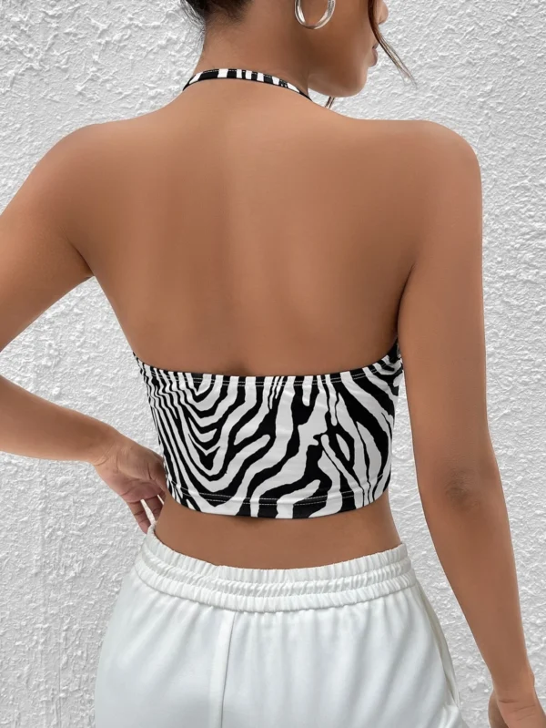 Top halter crop de rayas de cebra de espalda abierta - Imagen 5