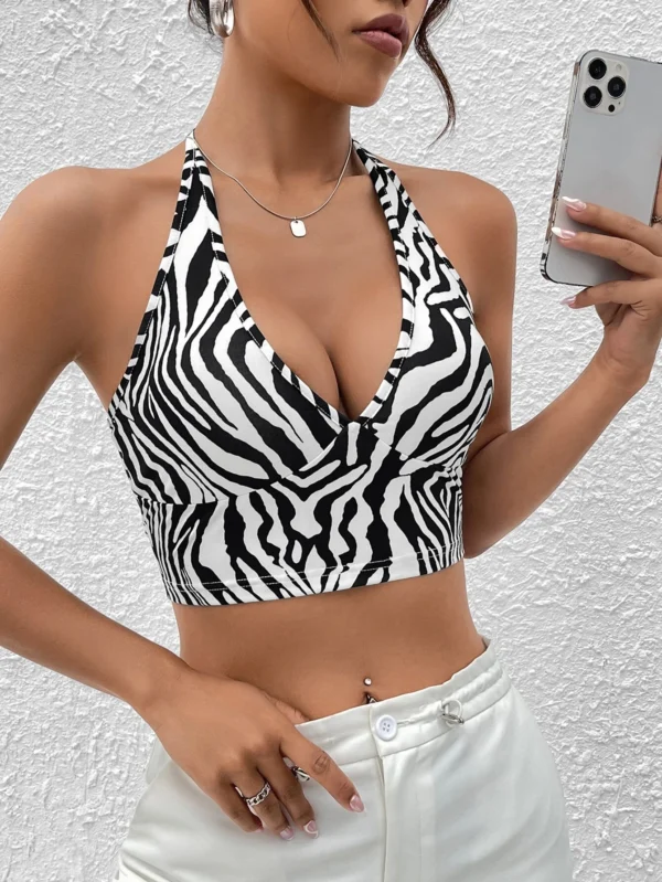 Top halter crop de rayas de cebra de espalda abierta - Imagen 2