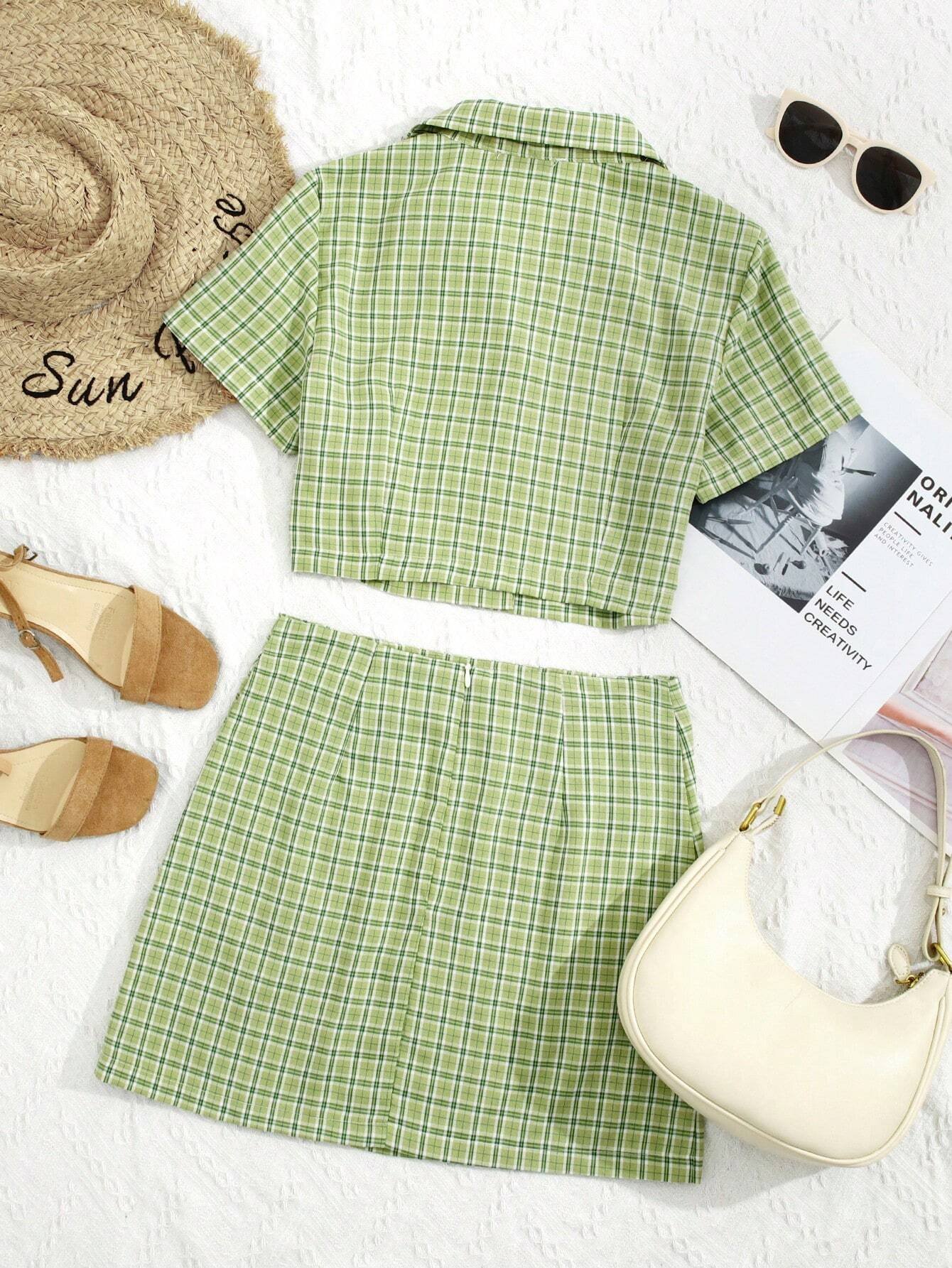 Qutie con estampado de cuadros de cuello con solapa Camisa crop & Falda bajo con abertura - Imagen 2