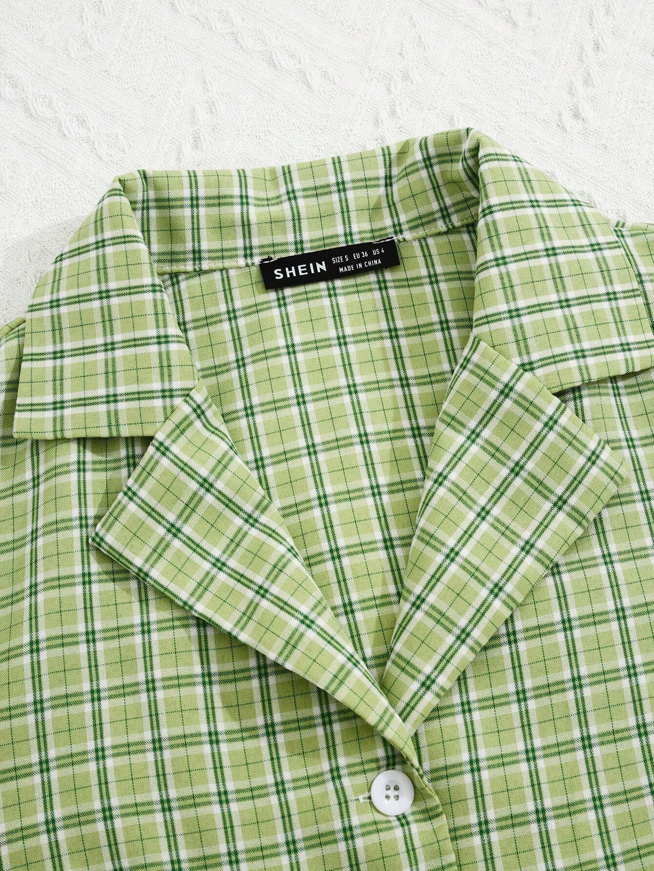 Qutie con estampado de cuadros de cuello con solapa Camisa crop & Falda bajo con abertura - Imagen 3