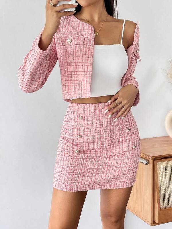 Cazadora crop & Falda con estampado de cuadros con parte delantera abierta - Imagen 7