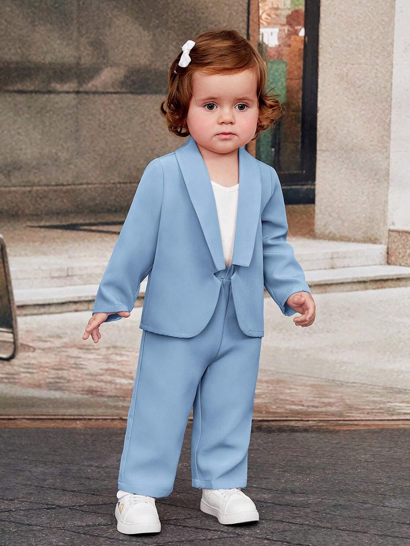 Beb? ni?a Abrigo de cuello esmoquin con parte delantera abierta con pantalones - Imagen 4