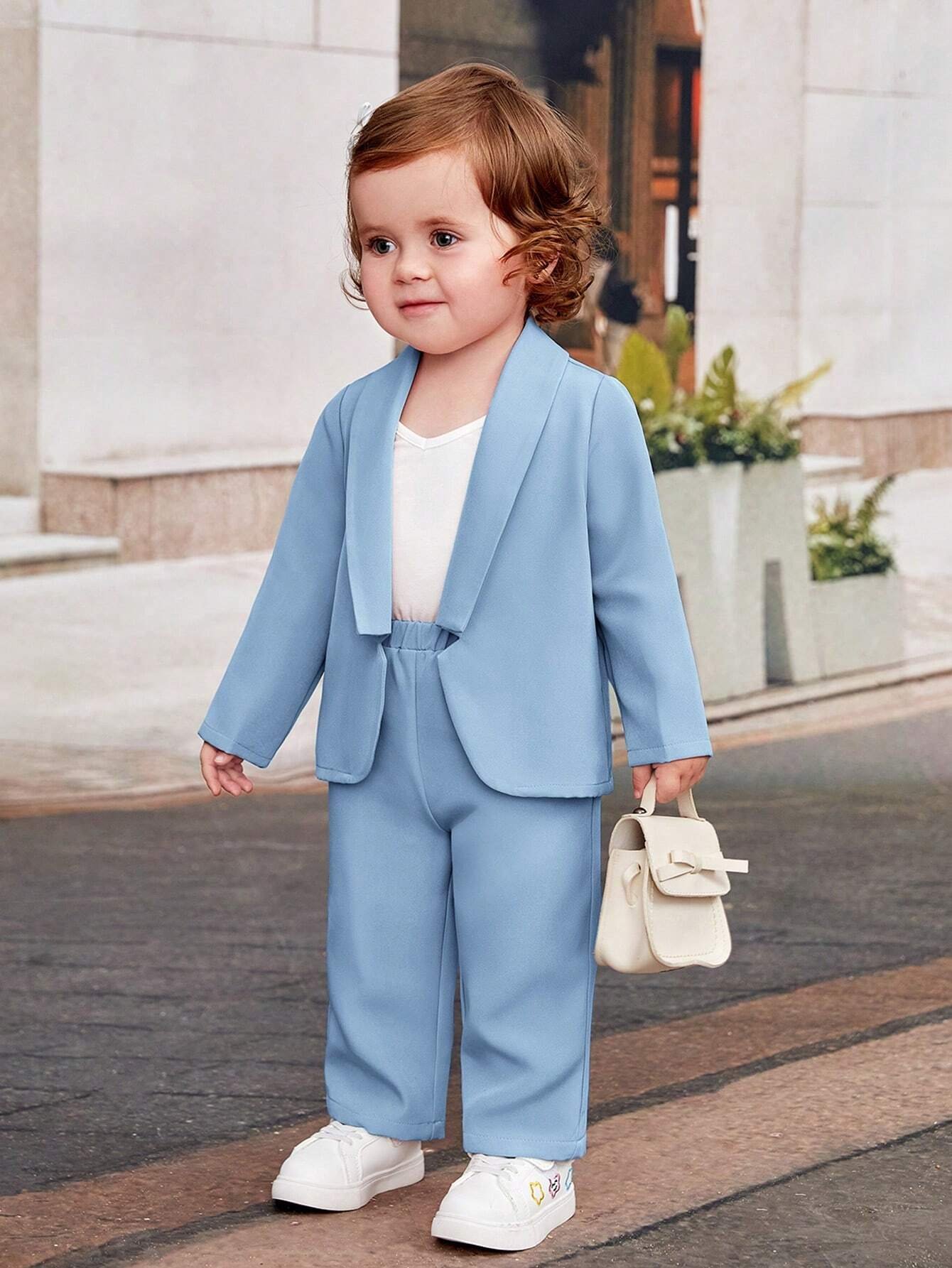 Beb? ni?a Abrigo de cuello esmoquin con parte delantera abierta con pantalones - Imagen 5