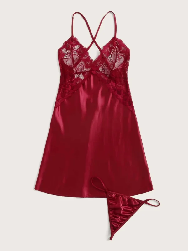 Vestido de sat?n con encaje en contraste con tanga - Imagen 2