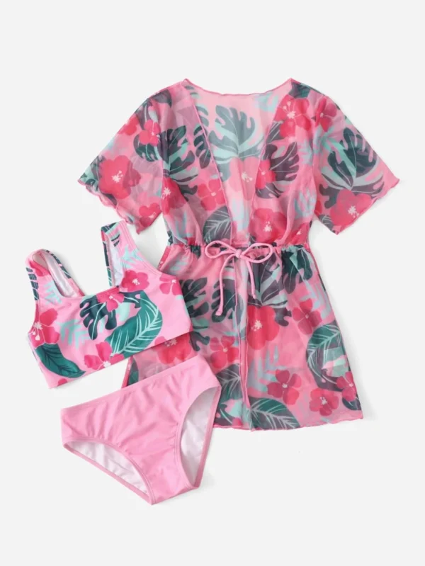Bikini Con Estampado Tropical Para Joven Con Kimono