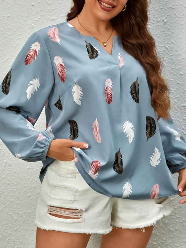 Blusa con estampado de pluma de manga farol azul - Imagen 3