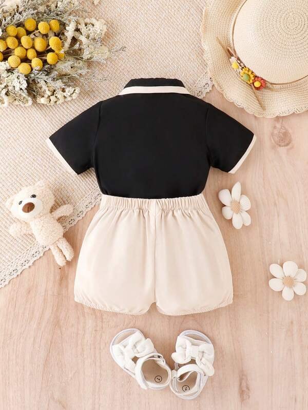 Beb? ni?o ribete en contraste Camisa & con fruncido Shorts - Imagen 2