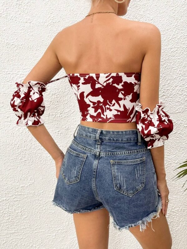 Camiseta bustier con estampado floral de hombros descubiertos rojo - Imagen 2