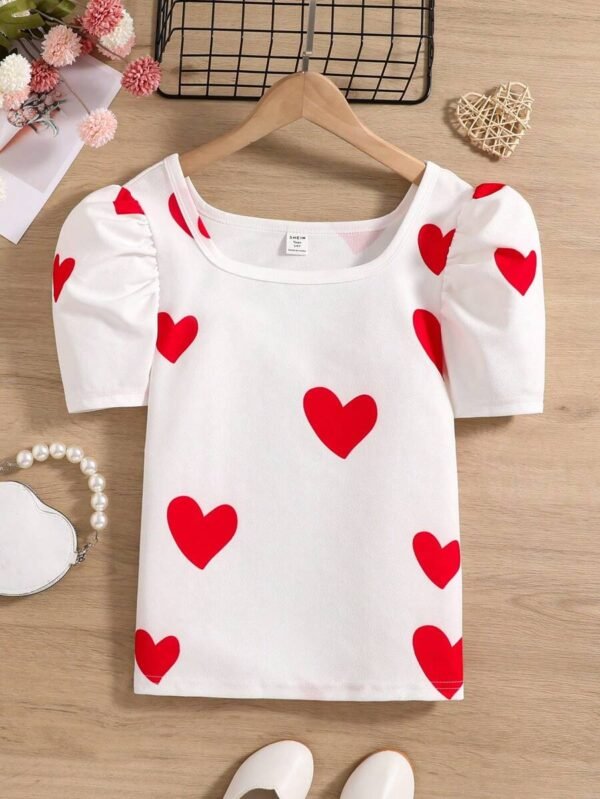 Camiseta Estampada Para Mujeres Adolescentes Con Manga Inflada Y Estampado De Amor